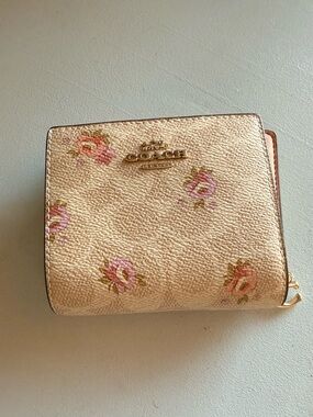 Coach Pink Floral Pebble Leather Compact Wallet with Gold Logo